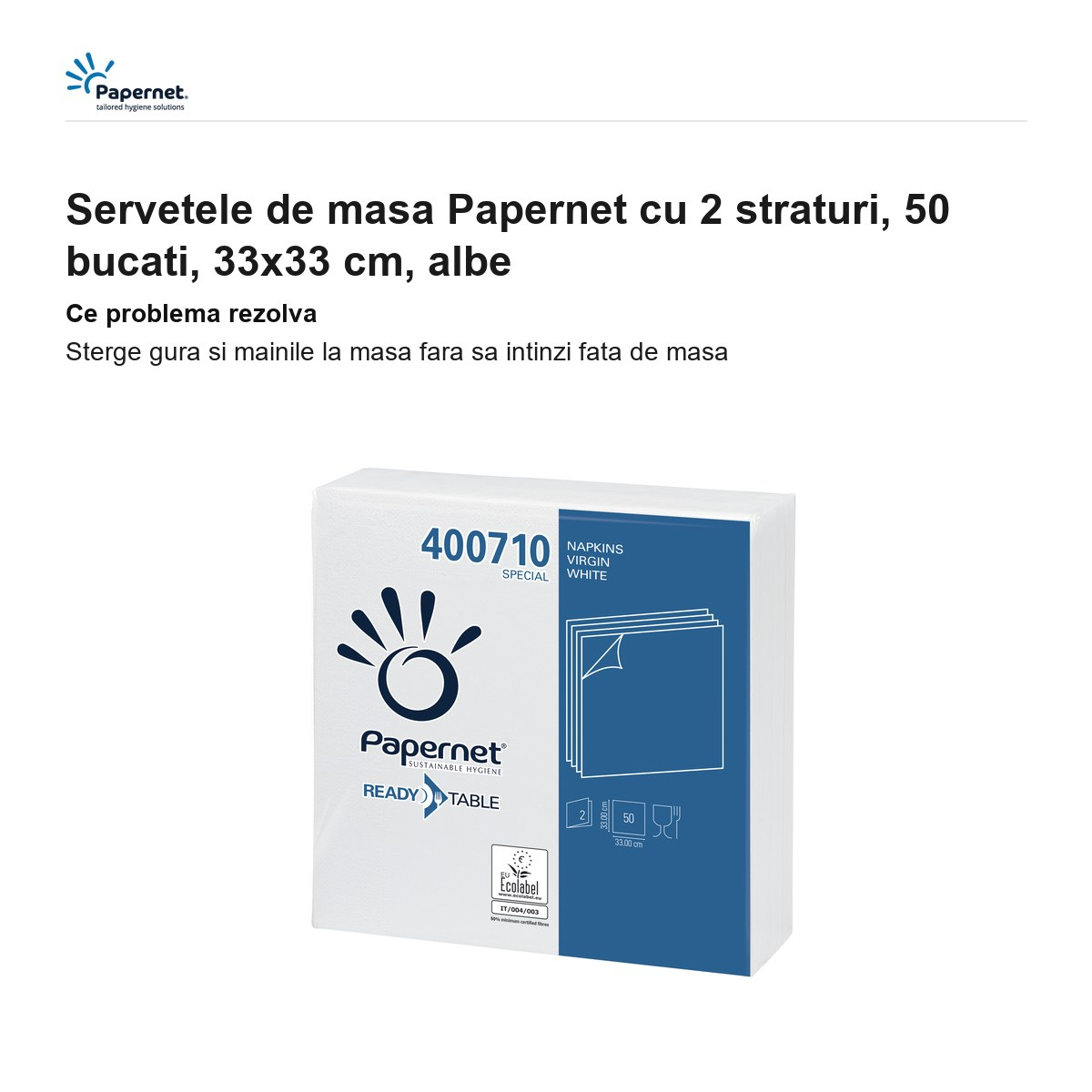 Servetele de masa Papernet cu 2 straturi, 50 bucati, 33x33 cm, albe [2]