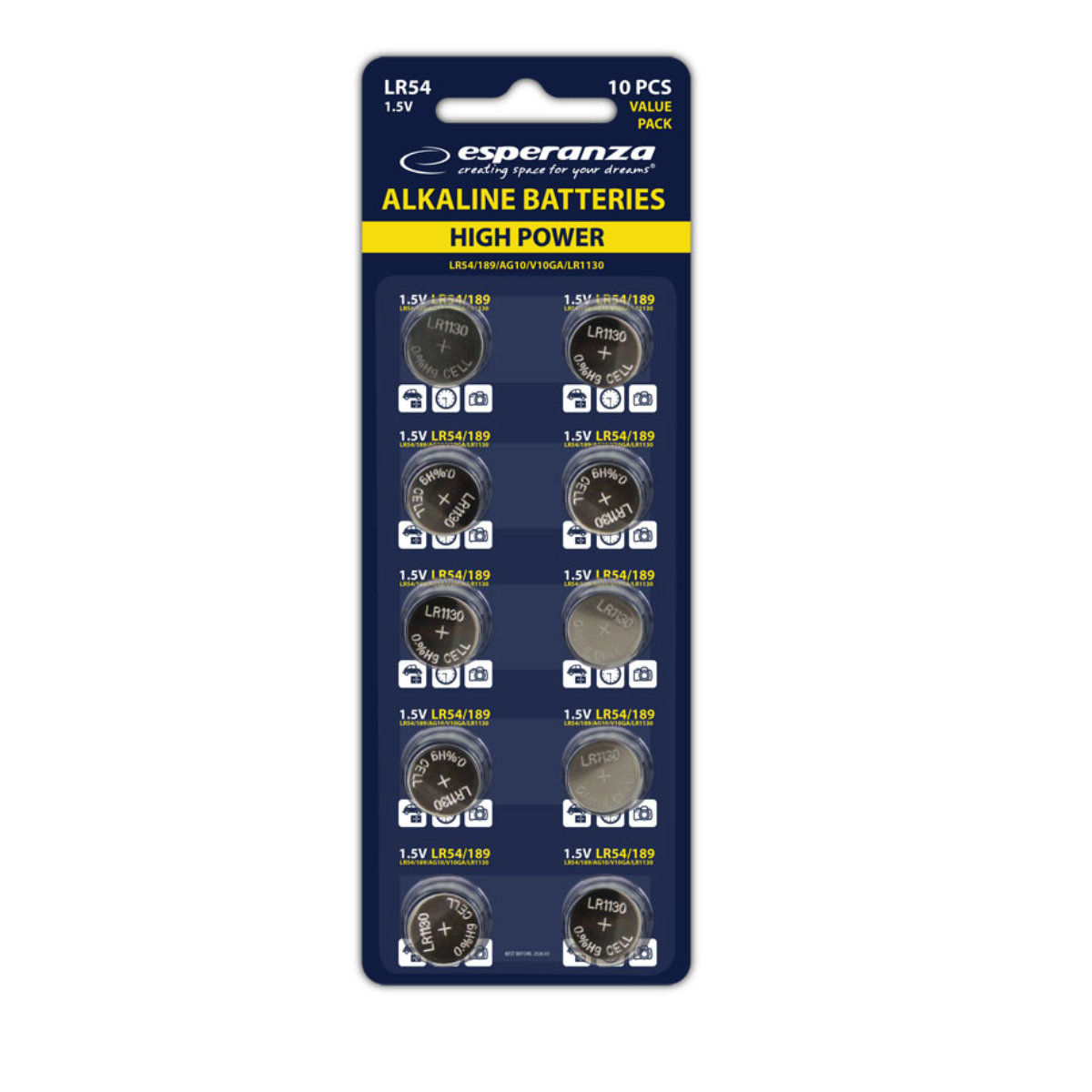 Set 10 baterii alcaline LR54 AG10, Esperanza 95793, tip buton, 1.5V, la blister [1]