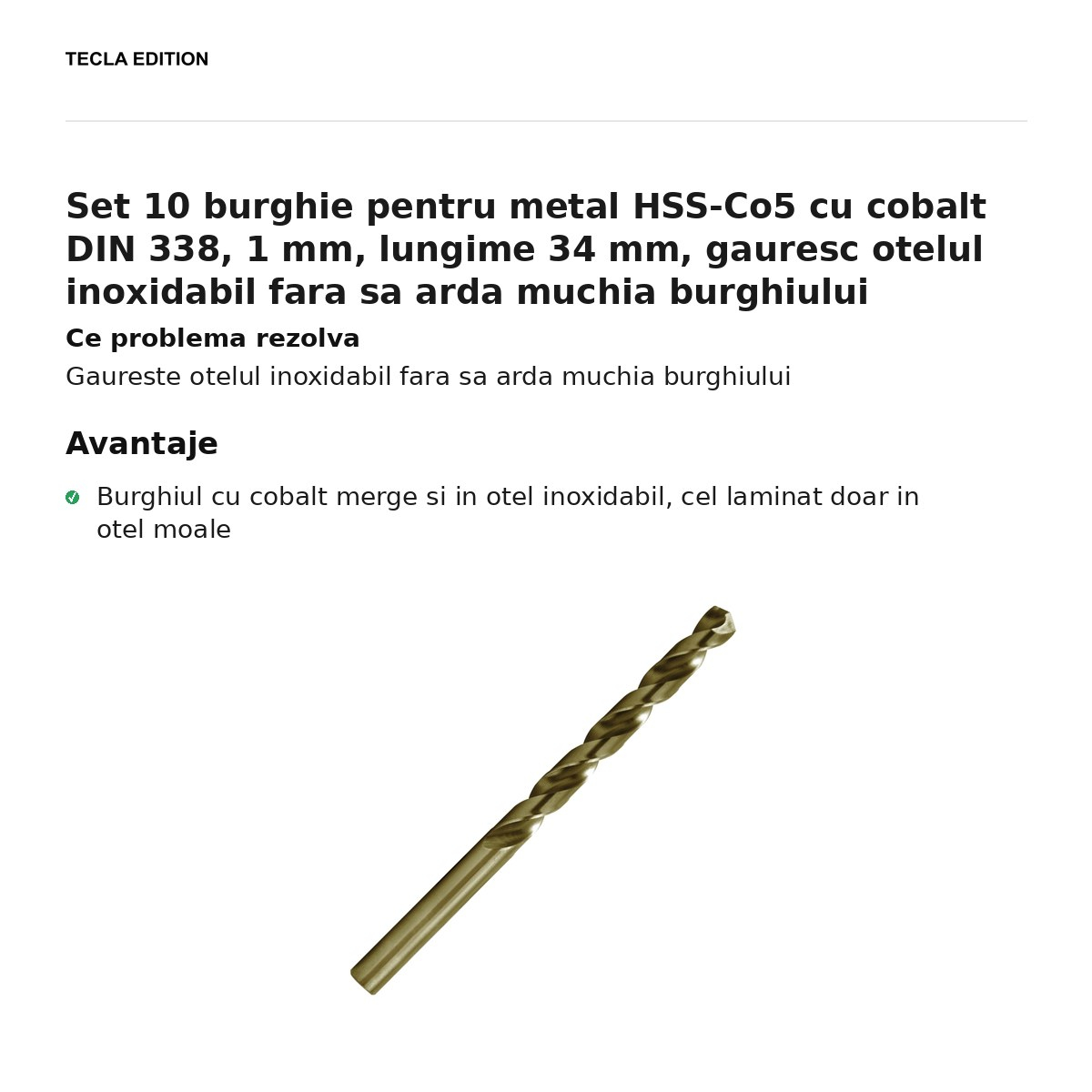 Set 10 burghie pentru metal HSS-Co5 cu cobalt DIN 338, 1 mm, lungime 34 mm, gauresc otelul inoxidabil fara sa arda muchia burghiului [2]