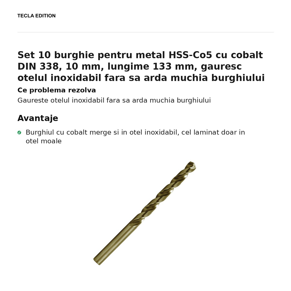 Set 10 burghie pentru metal HSS-Co5 cu cobalt DIN 338, 10 mm, lungime 133 mm, gauresc otelul inoxidabil fara sa arda muchia burghiului [2]