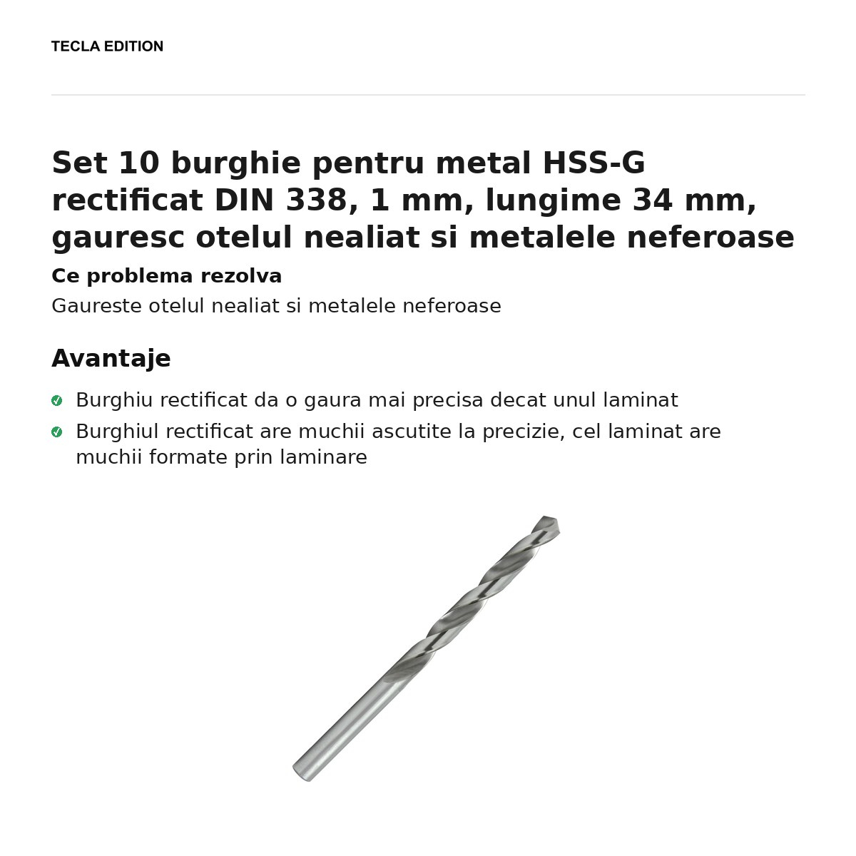 Set 10 burghie pentru metal HSS-G rectificat DIN 338, 1 mm, lungime 34 mm, gauresc otelul nealiat si metalele neferoase [2]