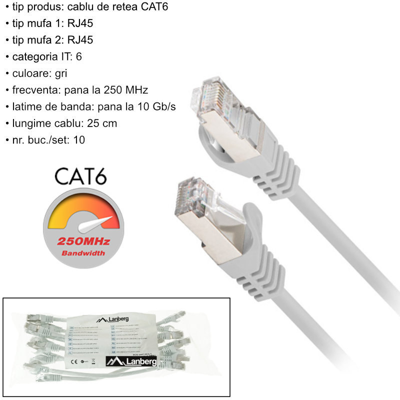 Set 10 cabluri retea-patchcord CAT6 FTP, Lanberg 43612, 2 X RJ45, lungime 25cm, AWG26, 10Gb/s-250MHz, de legatura retea, ethernet, gri [6]