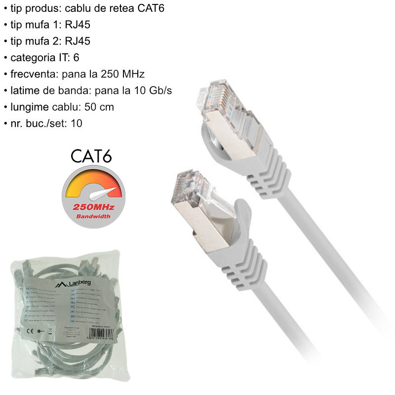 Set 10 cabluri retea-patchcord CAT6 FTP, Lanberg 43613, 2 X RJ45, lungime 50cm, AWG26, 10Gb/s-250MHz, de legatura retea, ethernet, gri [6]