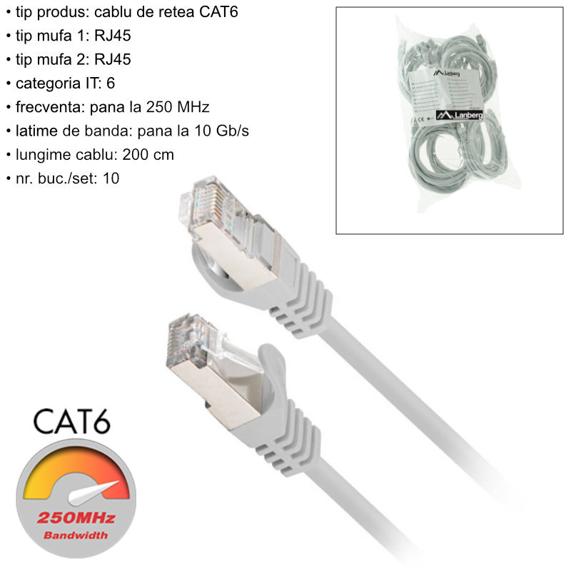 Set 10 cabluri retea-patchcord CAT6 FTP, Lanberg 43616, 2 X RJ45, lungime 2m, AWG26, 10Gb/s-250MHz, de legatura retea, ethernet, gri [6]