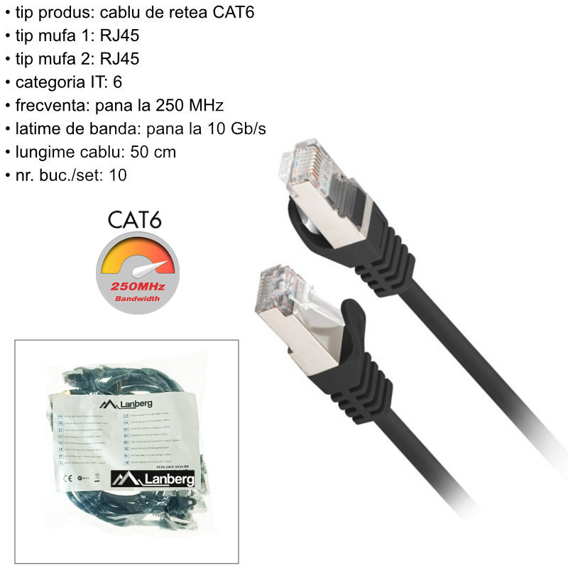 Set 10 cabluri retea-patchcord CAT6 FTP, Lanberg 43619, 2 X RJ45, lungime 50cm, AWG26, 10Gb/s-250MHz, de legatura retea, ethernet, negre [6]