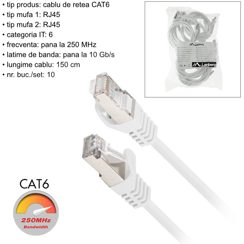 Set 10 cabluri retea-patchcord CAT6 FTP, Lanberg 43627, 2 X RJ45, lungime 1.5m, AWG26, 10Gb/s-250MHz, de legatura retea, ethernet, albe [6]