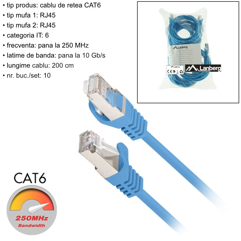 Set 10 cabluri retea-patchcord CAT6 FTP, Lanberg 43634, 2 X RJ45, lungime 2m, AWG26, 10Gb/s-250MHz, de legatura retea, ethernet, albastre [6]