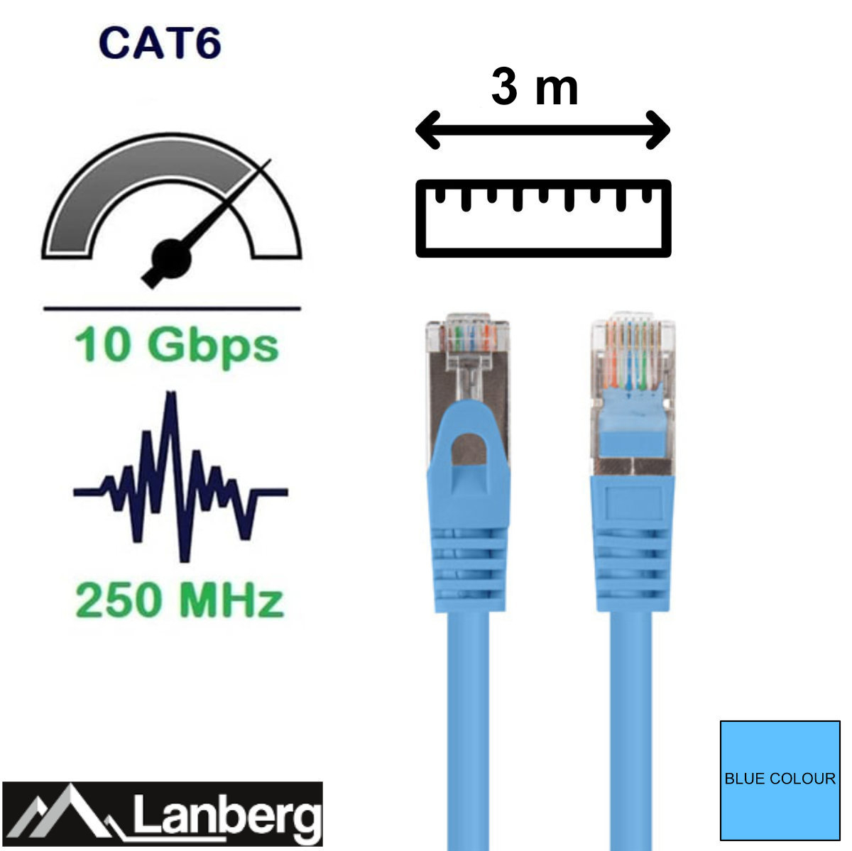 Set 10 cabluri retea-patchcord CAT6 FTP, Lanberg 43635, 2 X RJ45, lungime 3m, AWG26, 10Gb/s-250MHz, de legatura retea, ethernet, albastre [4]