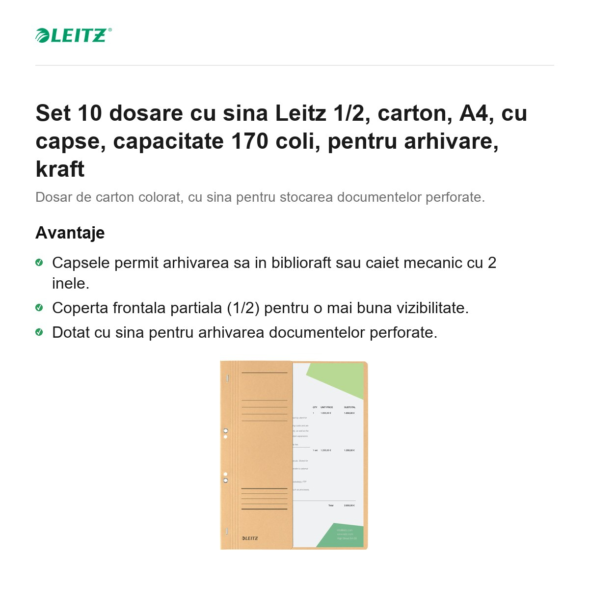 Set 10 dosare cu sina Leitz 1/2, carton, A4, cu capse, capacitate 170 coli, pentru arhivare, kraft [2]
