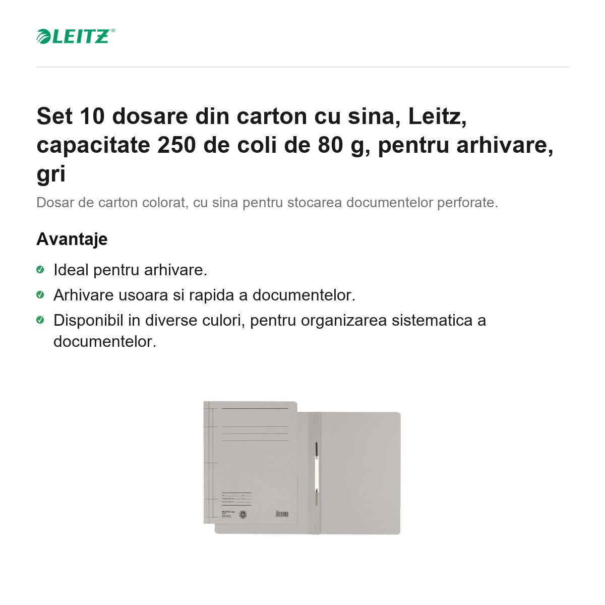 Set 10 dosare din carton cu sina, Leitz, capacitate 250 de coli de 80 g, pentru arhivare, gri [2]