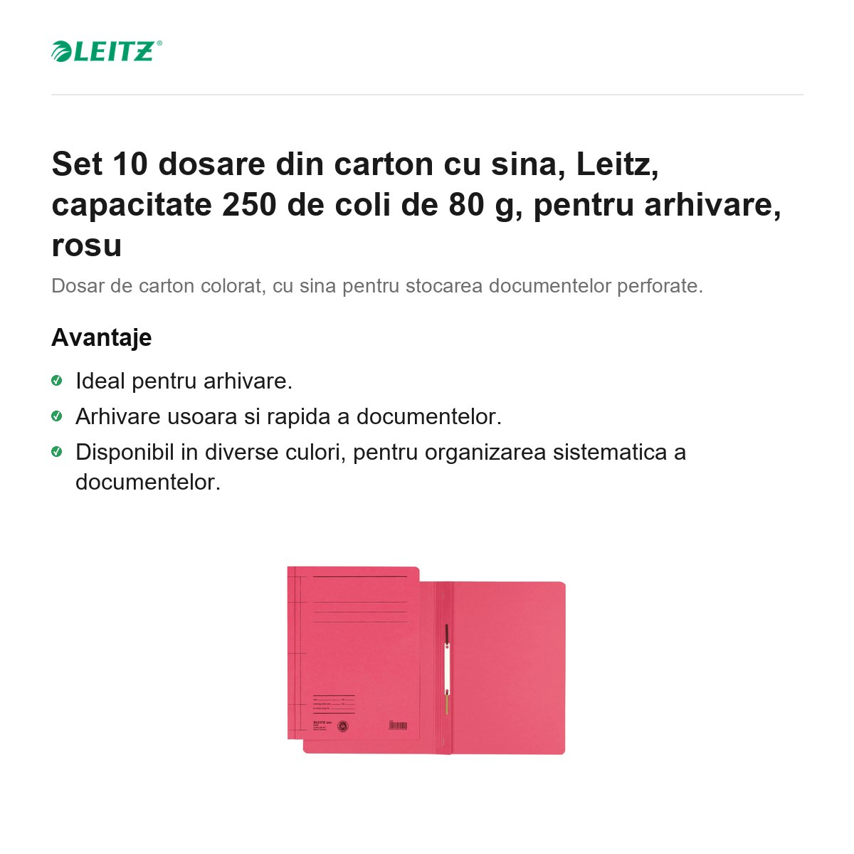 Set 10 dosare din carton cu sina, Leitz, capacitate 250 de coli de 80 g, pentru arhivare, rosu [2]