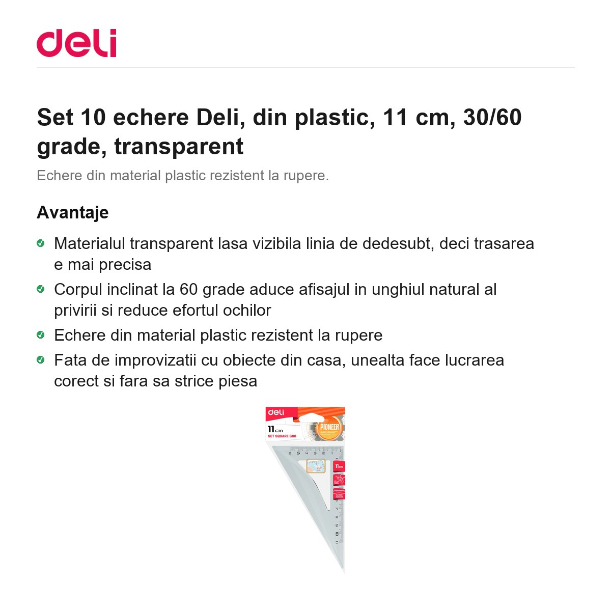 Set 10 echere Deli, din plastic, 11 cm, 30/60 grade, transparent [2]