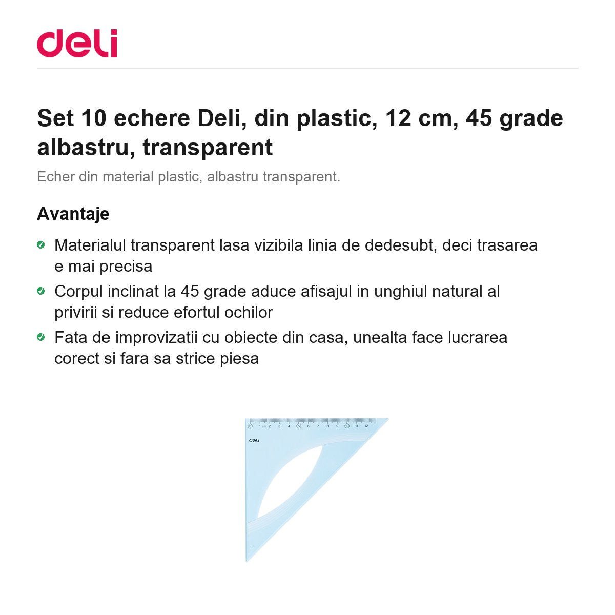 Set 10 echere Deli, din plastic, 12 cm, 45 grade albastru, transparent [2]