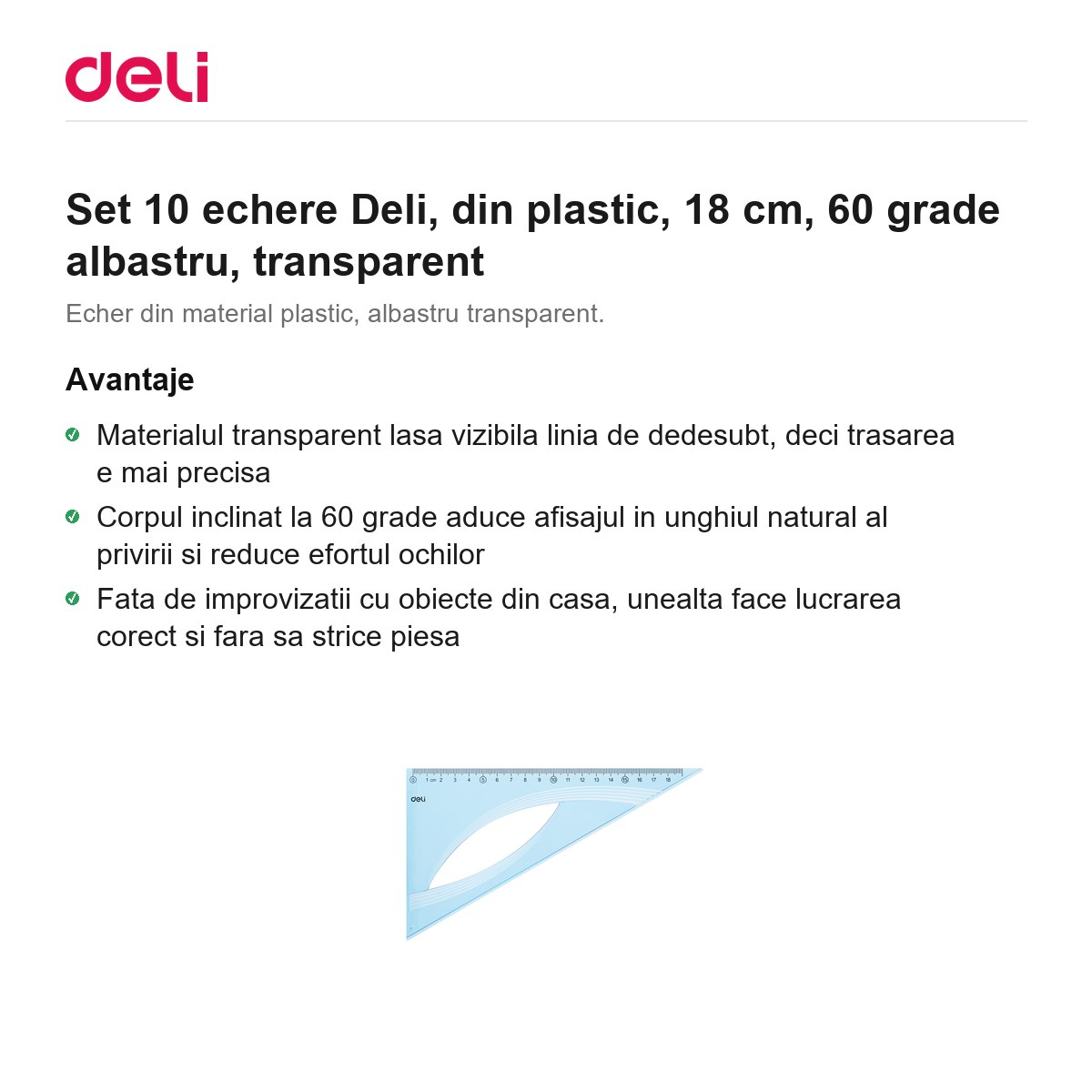 Set 10 echere Deli, din plastic, 18 cm, 60 grade albastru, transparent [2]