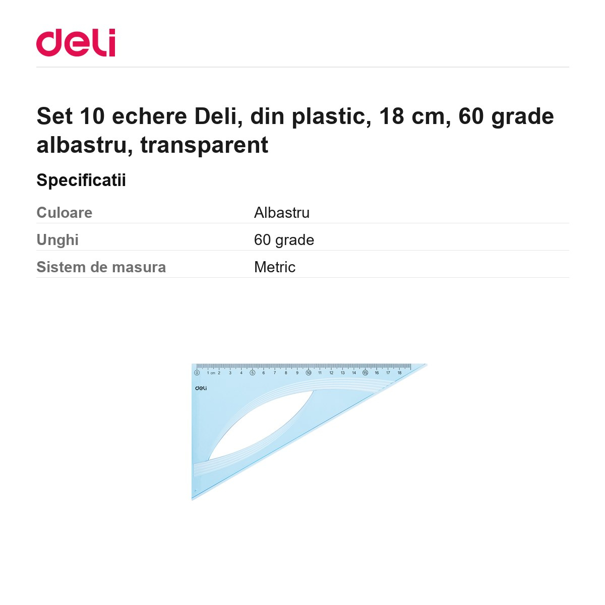 Set 10 echere Deli, din plastic, 18 cm, 60 grade albastru, transparent [3]