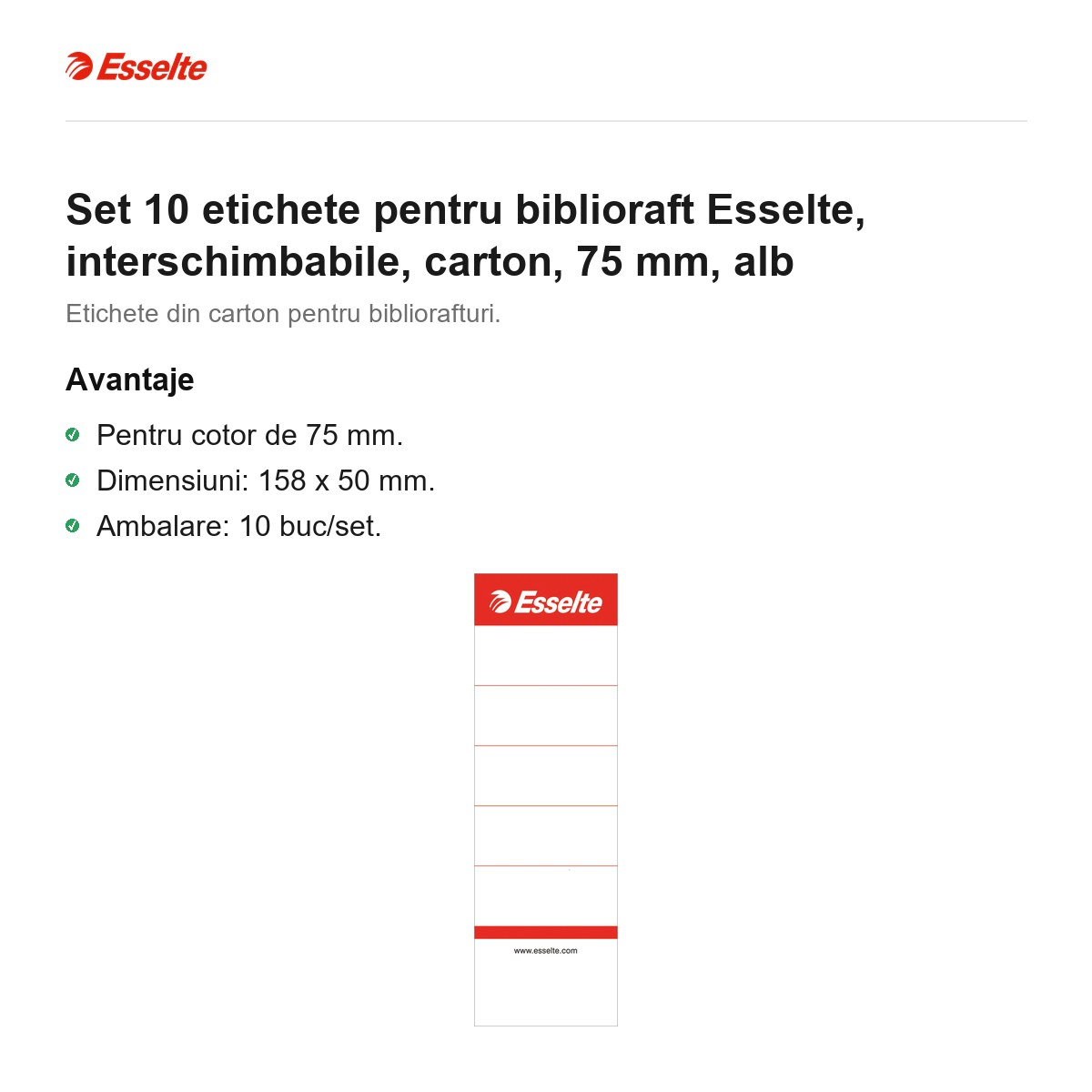 Set 10 etichete pentru biblioraft Esselte, interschimbabile, carton, 75 mm, alb [2]