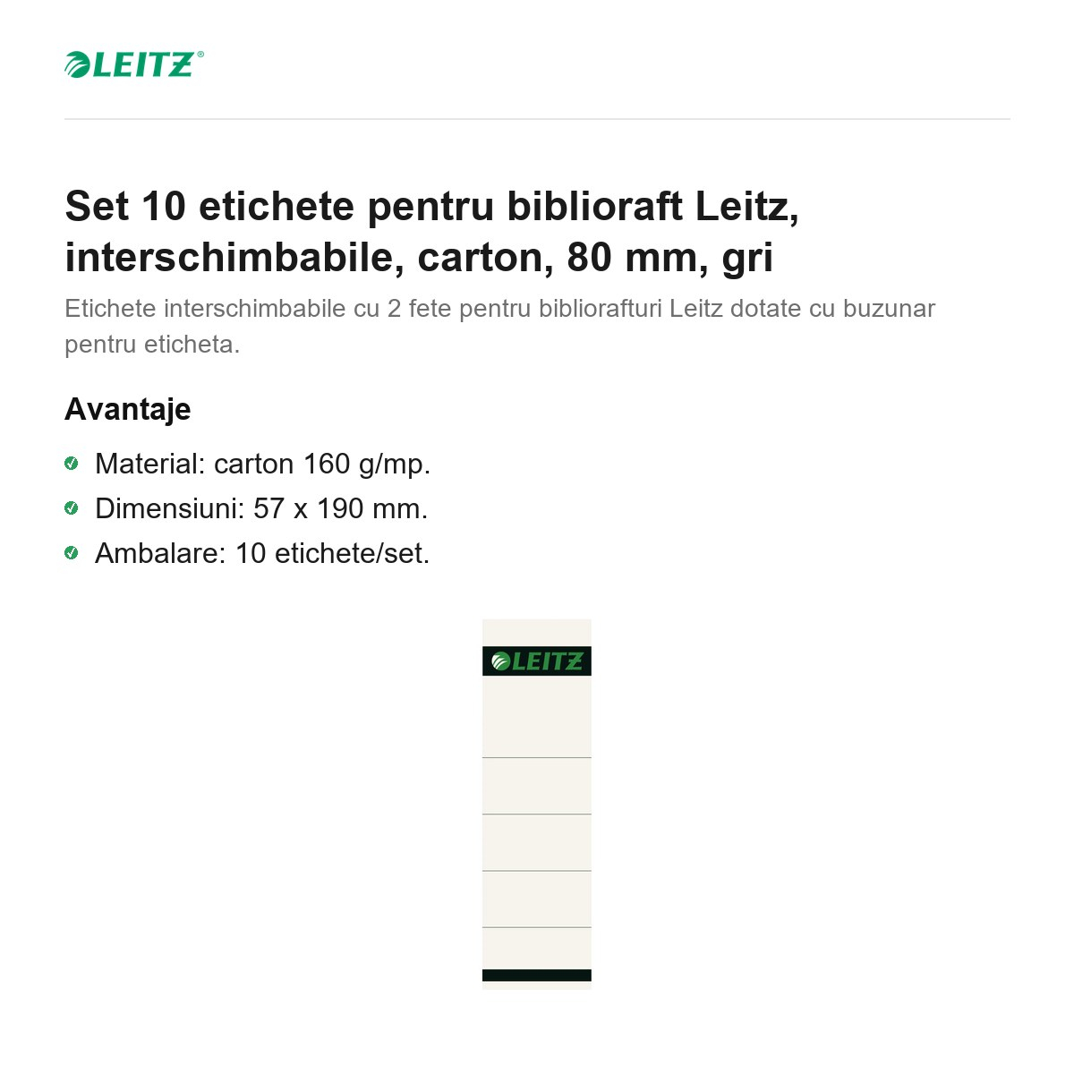 Set 10 etichete pentru biblioraft Leitz, interschimbabile, carton, 80 mm, gri [2]