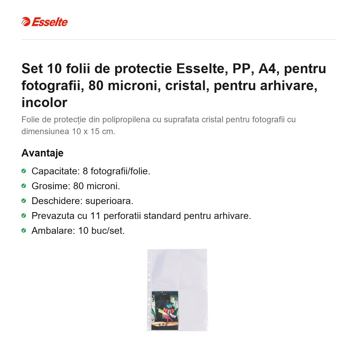 Set 10 folii de protectie Esselte, PP, A4, pentru fotografii, 80 microni, cristal, pentru arhivare, incolor [2]