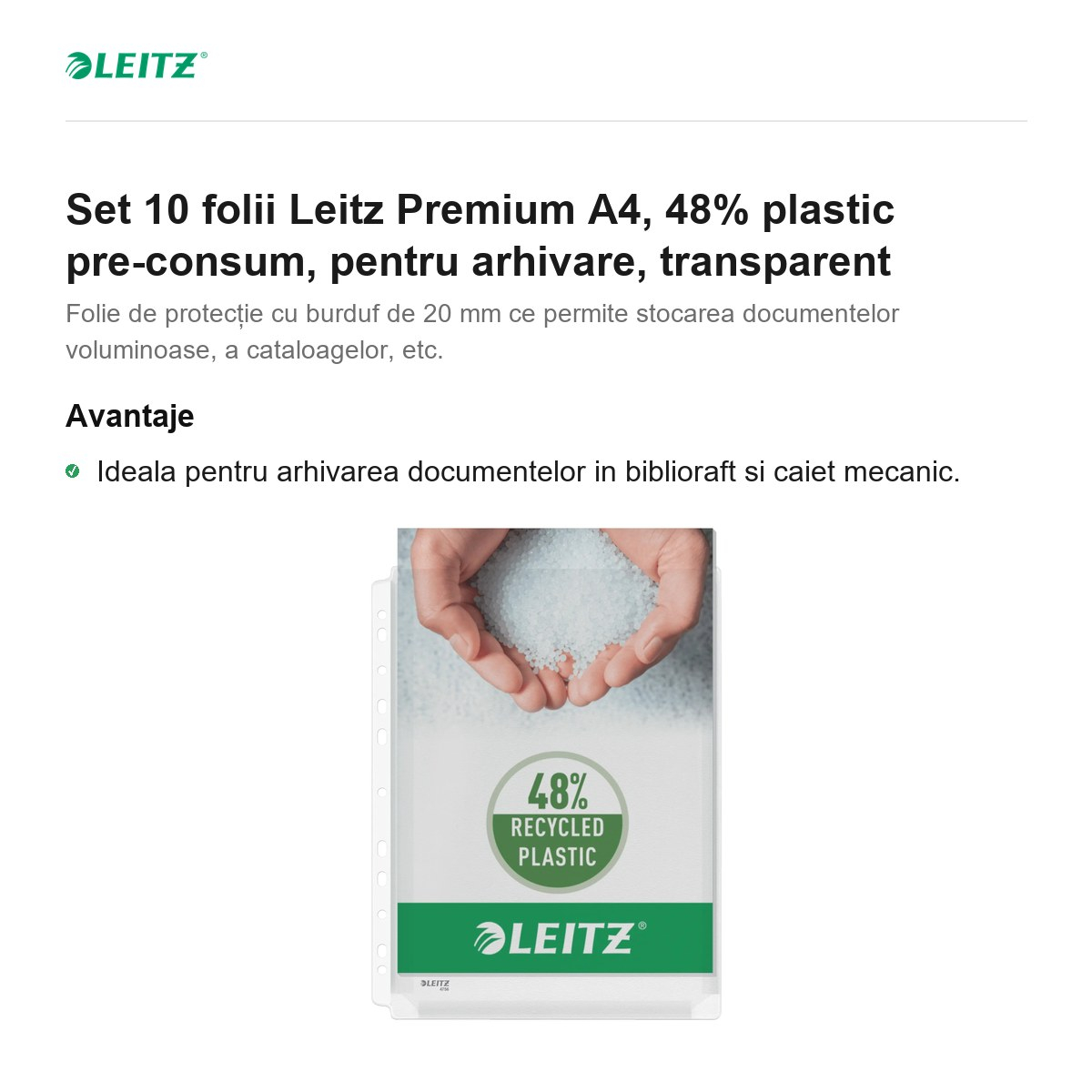 Set 10 folii Leitz Premium A4, 48% plastic pre-consum, pentru arhivare, transparent [2]