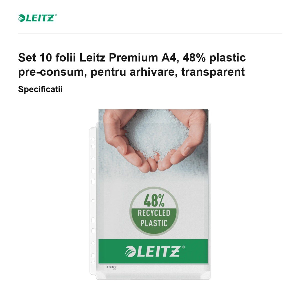 Set 10 folii Leitz Premium A4, 48% plastic pre-consum, pentru arhivare, transparent [3]