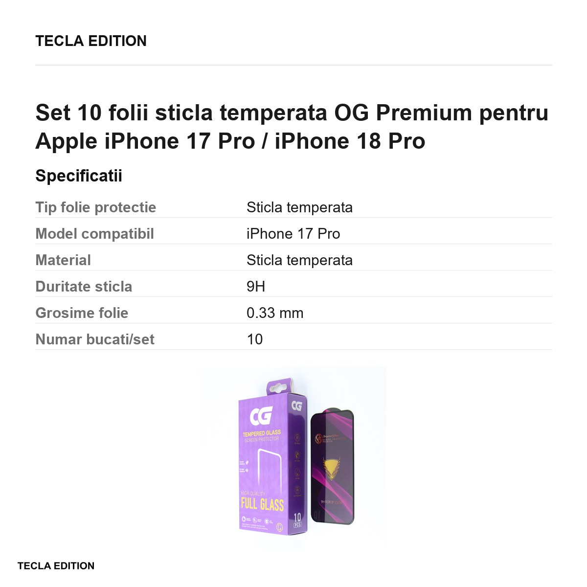 Set 10 folii sticla temperata OG Premium pentru Apple iPhone 17 Pro / iPhone 18 Pro [5]