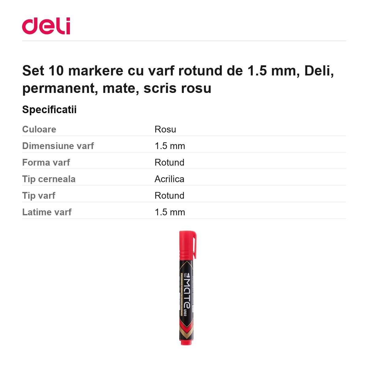Set 10 markere cu varf rotund de 1.5 mm, Deli, permanent, mate, scris rosu [3]