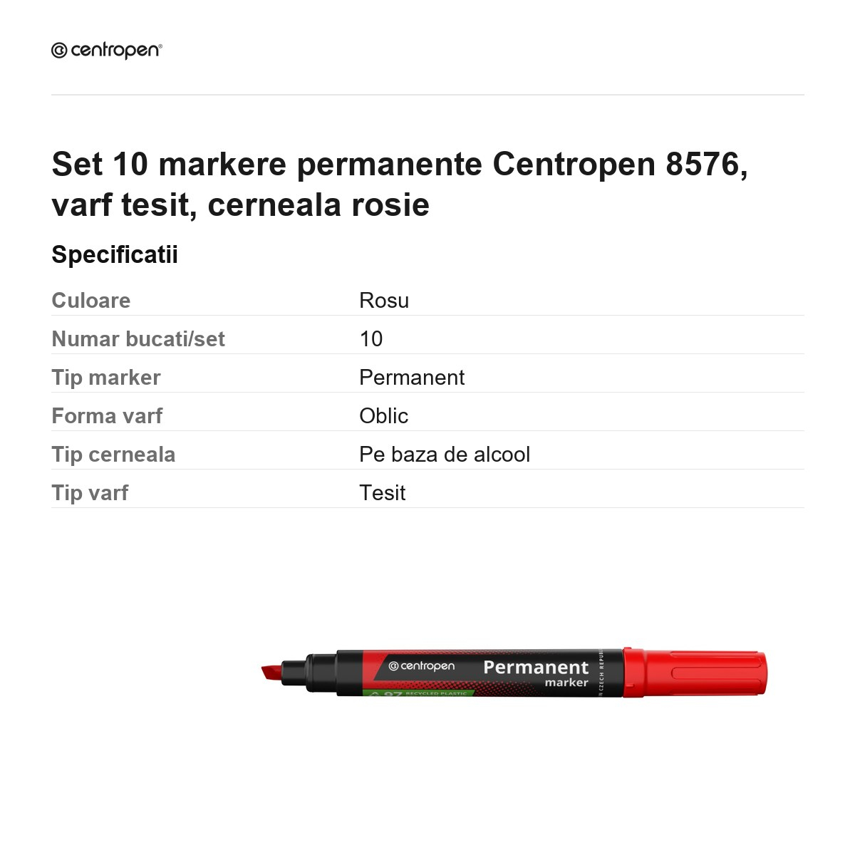 Set 10 markere permanente Centropen 8576, varf tesit, cerneala rosie [3]