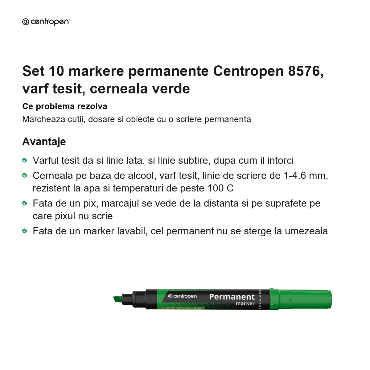 Set 10 markere permanente Centropen 8576, varf tesit, cerneala verde [2]