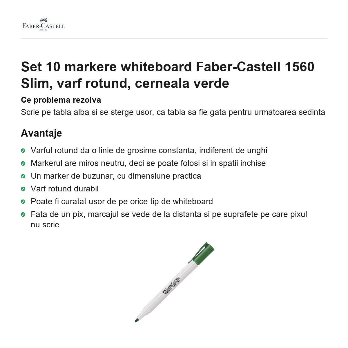 Set 10 markere whiteboard Faber-Castell 1560 Slim, varf rotund, cerneala verde [2]