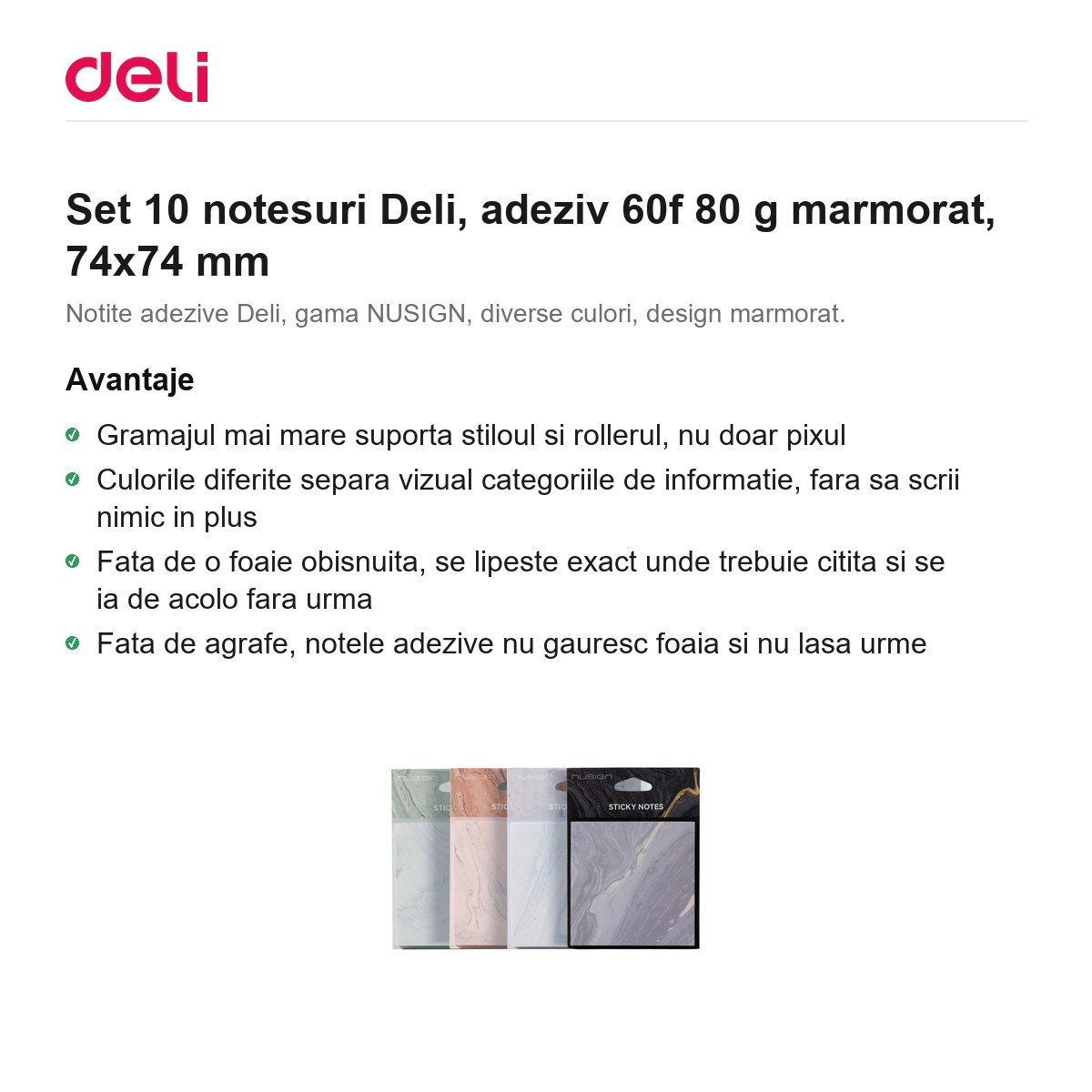 Set 10 notesuri Deli, adeziv 60f 80 g marmorat, 74x74 mm [2]
