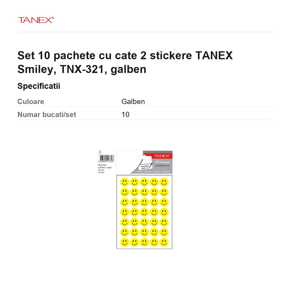 Set 10 pachete cu cate 2 stickere TANEX Smiley, TNX-321, galben [3]