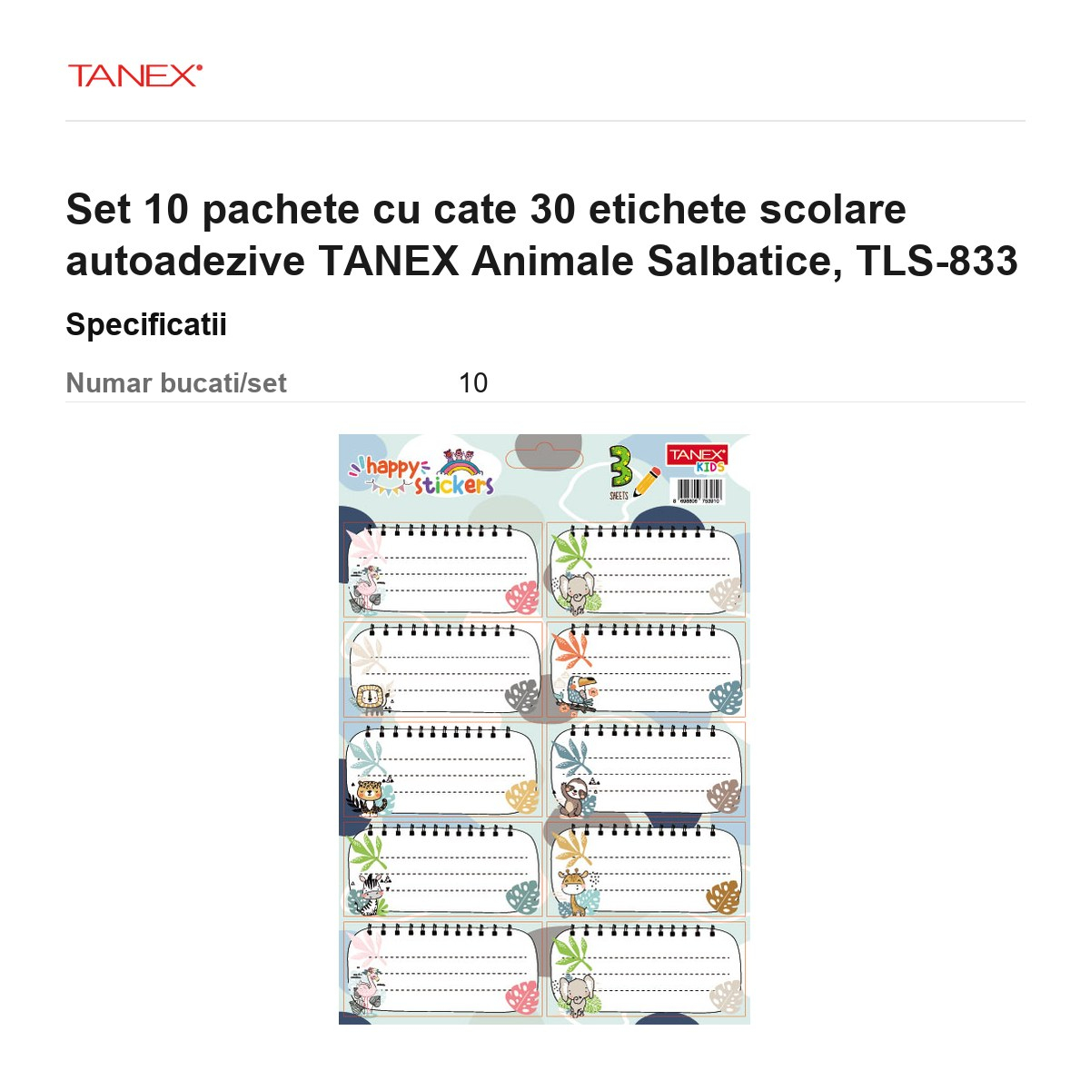 Set 10 pachete cu cate 30 etichete scolare autoadezive TANEX Animale Salbatice, TLS-833 [3]