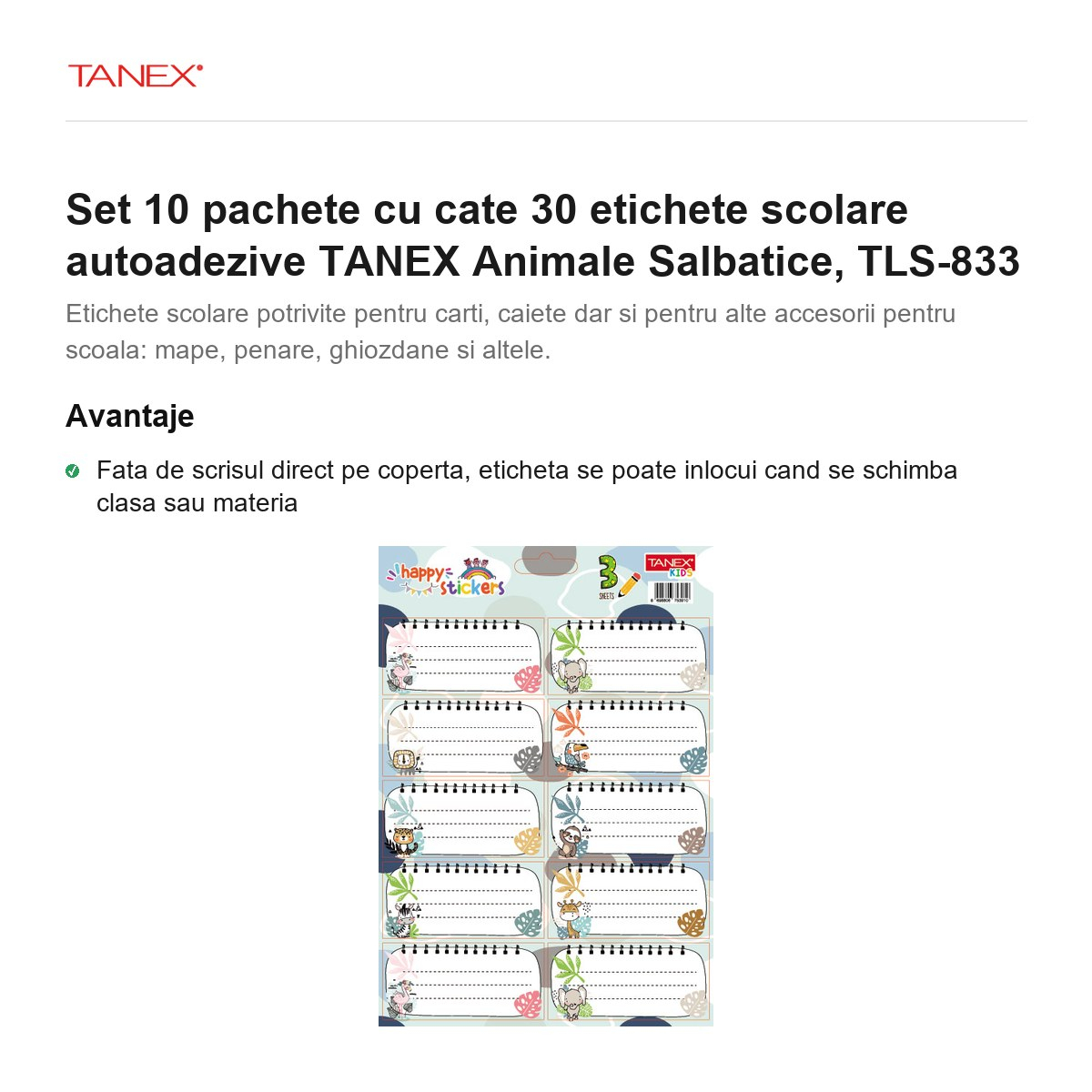 Set 10 pachete cu cate 30 etichete scolare autoadezive TANEX Animale Salbatice, TLS-833 [2]