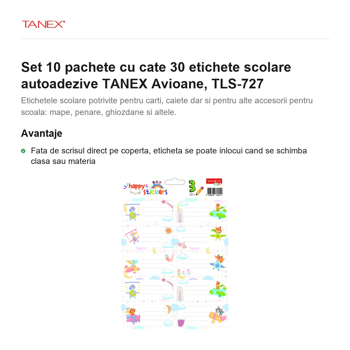 Set 10 pachete cu cate 30 etichete scolare autoadezive TANEX Avioane, TLS-727 [2]