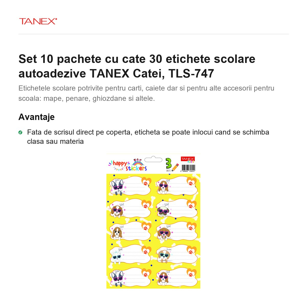 Set 10 pachete cu cate 30 etichete scolare autoadezive TANEX Catei, TLS-747 [2]