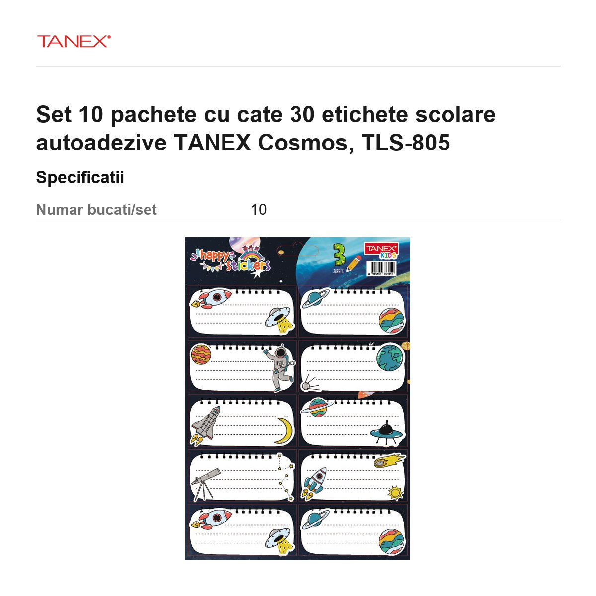 Set 10 pachete cu cate 30 etichete scolare autoadezive TANEX Cosmos, TLS-805 [3]