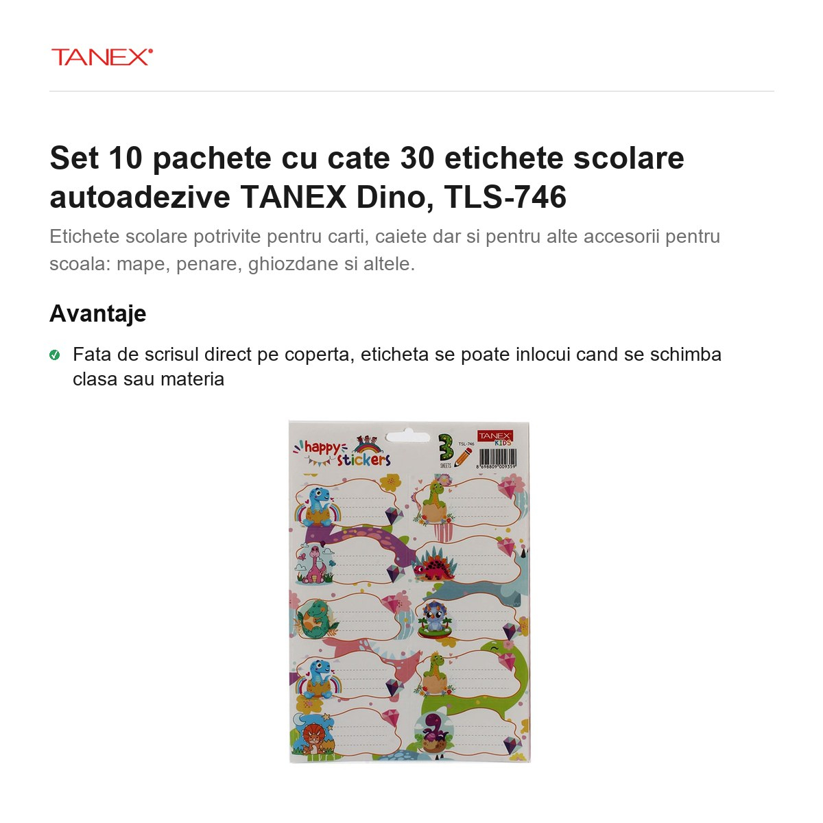 Set 10 pachete cu cate 30 etichete scolare autoadezive TANEX Dino, TLS-746 [2]