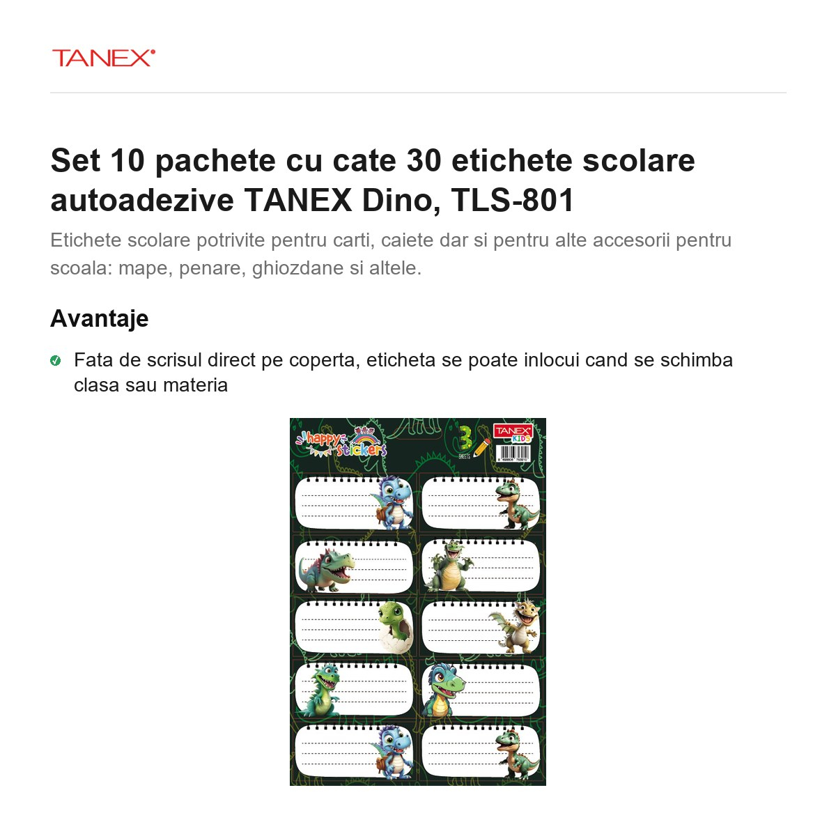 Set 10 pachete cu cate 30 etichete scolare autoadezive TANEX Dino, TLS-801 [2]