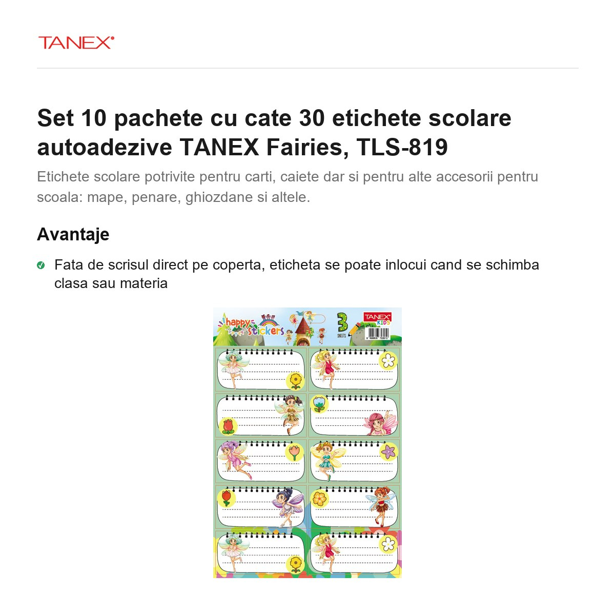 Set 10 pachete cu cate 30 etichete scolare autoadezive TANEX Fairies, TLS-819 [2]