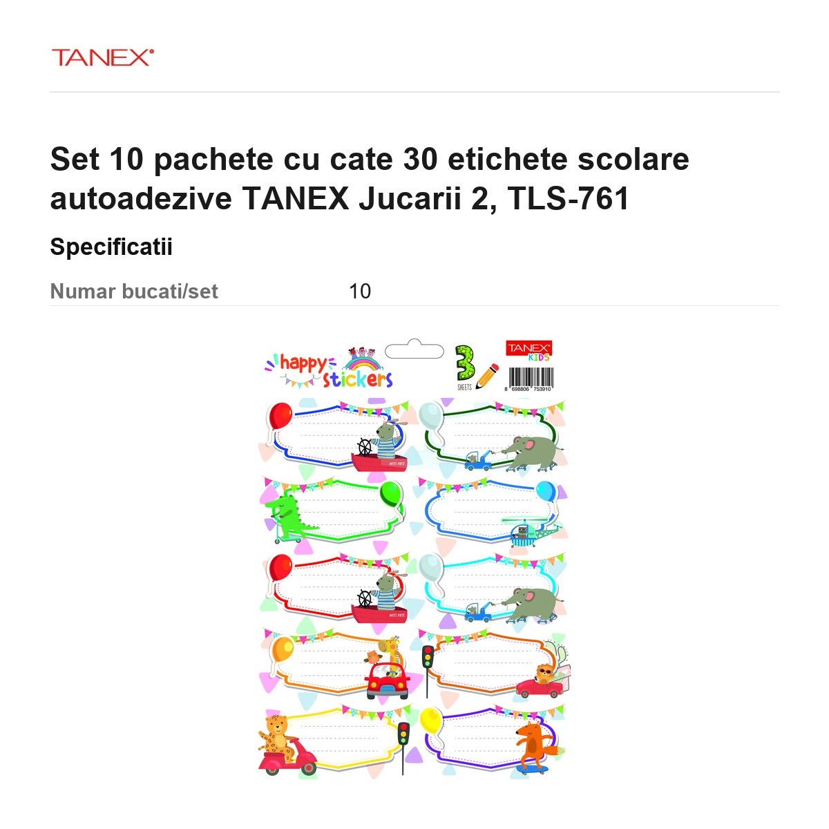 Set 10 pachete cu cate 30 etichete scolare autoadezive TANEX Jucarii 2, TLS-761 [3]