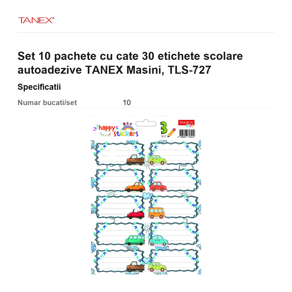 Set 10 pachete cu cate 30 etichete scolare autoadezive TANEX Masini, TLS-727 [3]