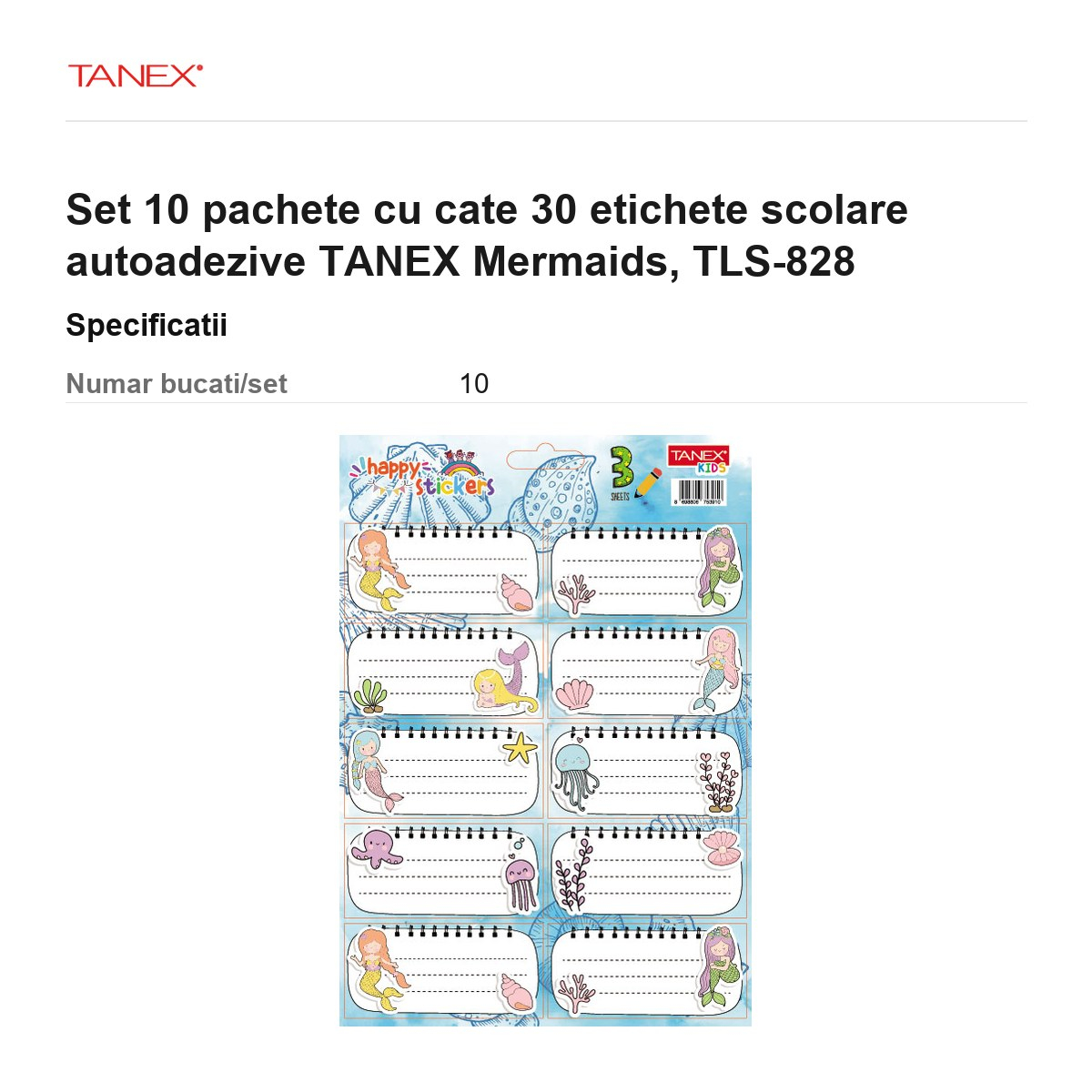 Set 10 pachete cu cate 30 etichete scolare autoadezive TANEX Mermaids, TLS-828 [3]