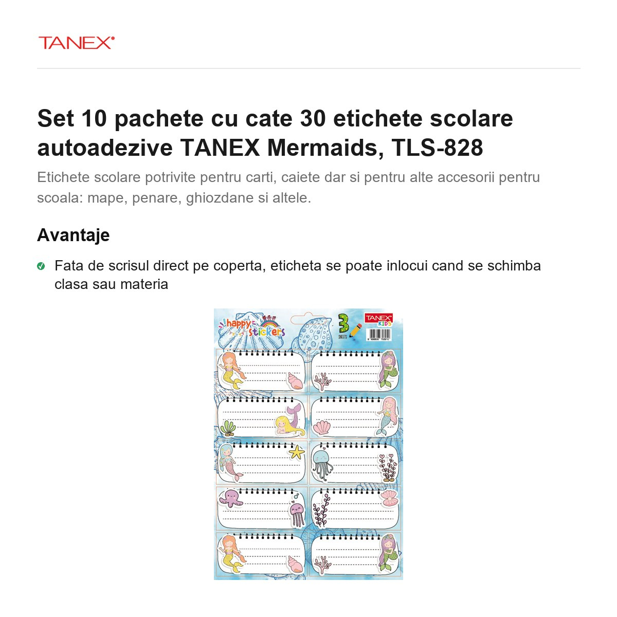 Set 10 pachete cu cate 30 etichete scolare autoadezive TANEX Mermaids, TLS-828 [2]