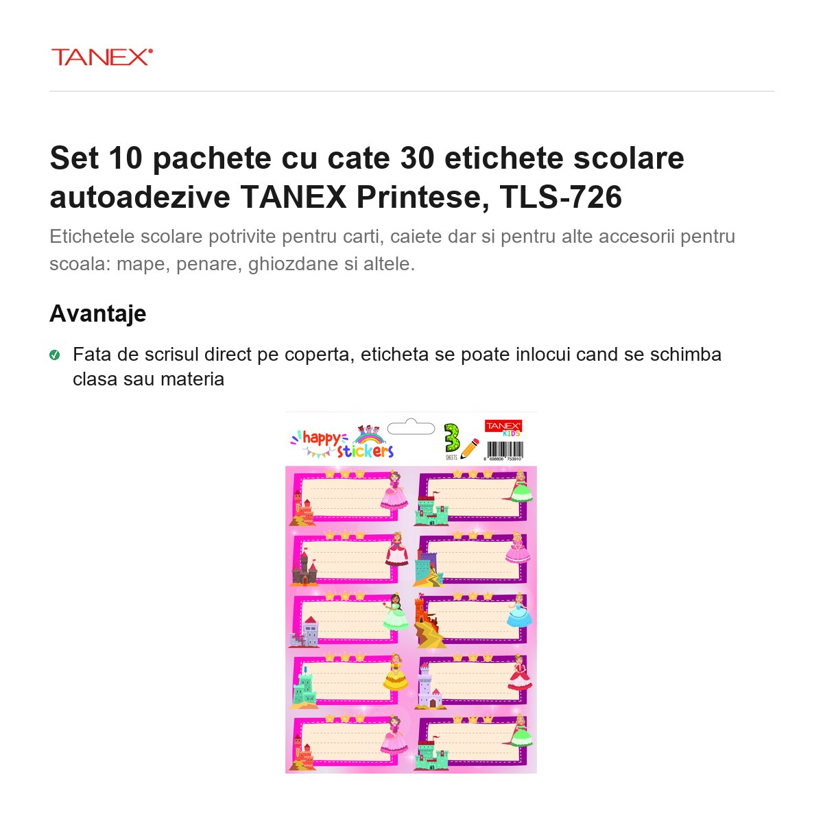 Set 10 pachete cu cate 30 etichete scolare autoadezive TANEX Printese, TLS-726 [2]
