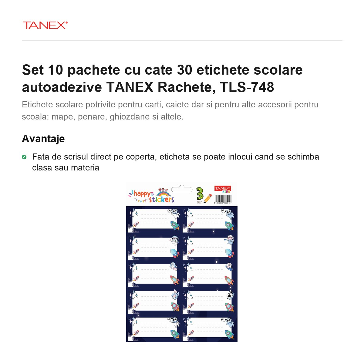 Set 10 pachete cu cate 30 etichete scolare autoadezive TANEX Rachete, TLS-748 [2]