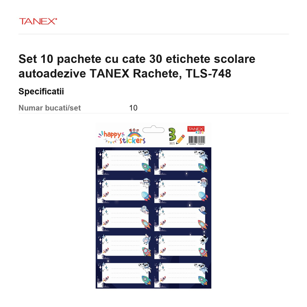 Set 10 pachete cu cate 30 etichete scolare autoadezive TANEX Rachete, TLS-748 [3]