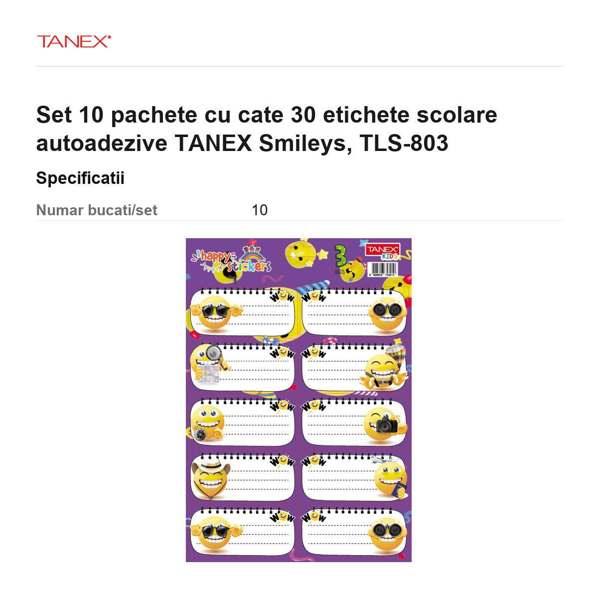 Set 10 pachete cu cate 30 etichete scolare autoadezive TANEX Smileys, TLS-803 [3]