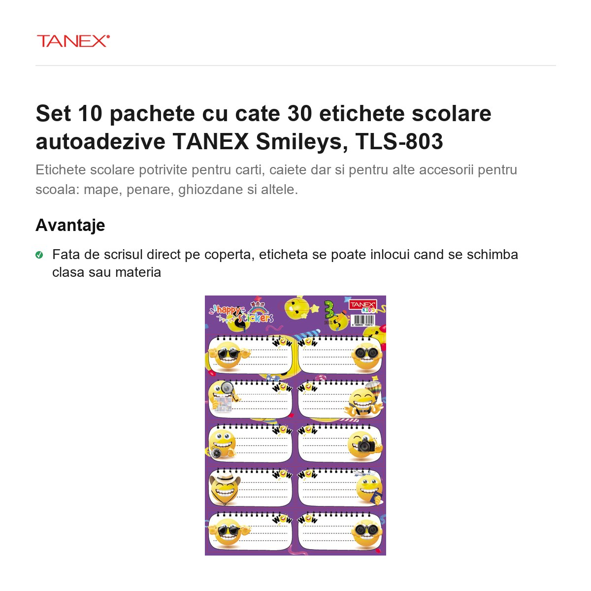 Set 10 pachete cu cate 30 etichete scolare autoadezive TANEX Smileys, TLS-803 [2]