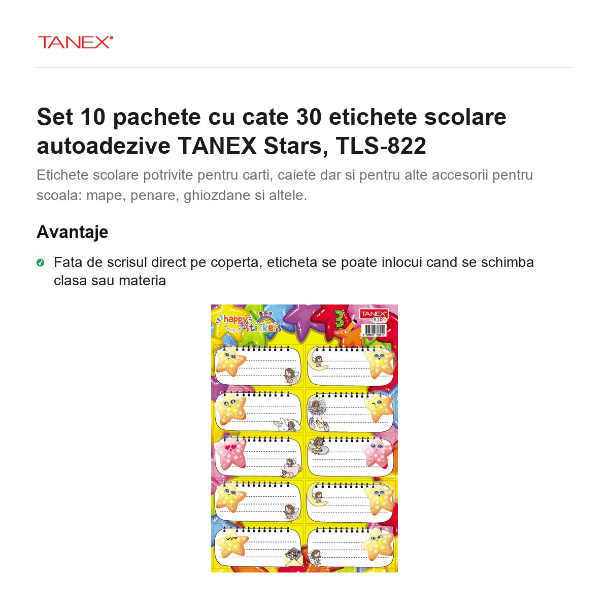 Set 10 pachete cu cate 30 etichete scolare autoadezive TANEX Stars, TLS-822 [2]