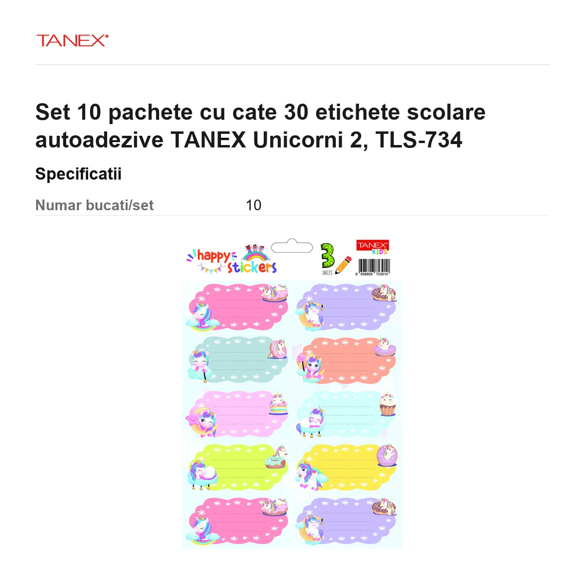 Set 10 pachete cu cate 30 etichete scolare autoadezive TANEX Unicorni 2, TLS-734 [3]